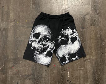 Custom Upcycled Reworked Screen Print black sweatshorts – Skulls, heavy metal