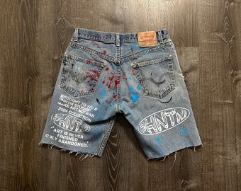 Levi's 505 | Akira | Heavy Metal | custom made | Y2K | hand painted | silk screen | distressed | up cycle | blue denim jean shorts sz. 31