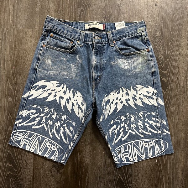 Levi's 505 | Akira | Heavy Metal | custom made | Y2K | hand painted | silk screen | distressed | up cycle | blue denim jean shorts sz. 33