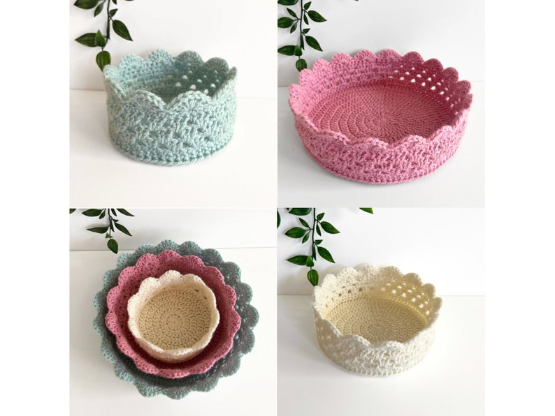 May include: Set of three crocheted baskets in different sizes. The largest basket is pink, the medium basket is light blue, and the smallest basket is cream. All three baskets have a scalloped edge.