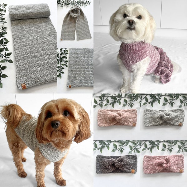 CROCHET PATTERN BUNDLE, Lottie and Lulus super snuggly pet sweater, tutu scarf and headband, crochet matching outfits for you and your pets!