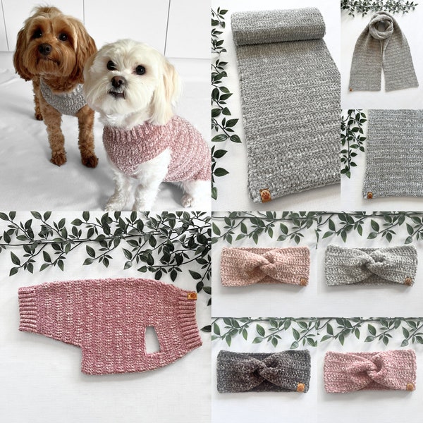 CROCHET PATTERN BUNDLE, Lottie and Lulus super snuggly pet sweater, scarf and headband, crochet matching outfits for you and your pets!