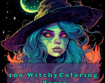Könnte beinhalten: Eine Hexe mit blauen Haaren und orangefarbenen Augen, die einen schwarzen spitzen Hut mit einem Halbmond hinter sich trägt. Der Text "100 Witchy Coloring Pages For Relaxation" befindet sich im Vordergrund.