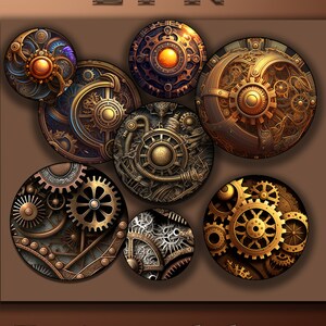 Op de afbeelding: Negen printbare steampunk-stijl ronde ontwerpen met ingewikkelde tandwielen, tandwielen en metalen texturen in tinten goud, brons en zilver.