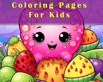 May include: A pink kawaii character with big eyes and a smile, surrounded by colorful fruit, including strawberries, pineapples, and grapes. The text "100 Kawaii Coloring Pages For Kids" is at the top of the image.
