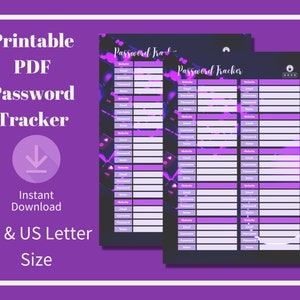 May include: Printable password tracker in PDF format. The tracker has a dark background with purple and pink accents. It includes sections for website, email, username, password, and notes.