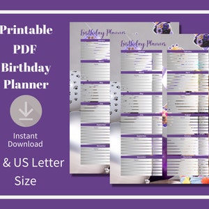 Planer urodzin, śledzenie ważnych dat okazji, przypomnienie o wydarzeniu, możliwość wydruku w formacie PDF, format A4 i US Letter, tło z motywem psa.
