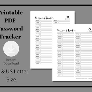 Password Tracker, Personal Website, Email Address Organizer, Printable PDF, A4 and US Letter Document Size, Minimalistic Bare Bones Design.