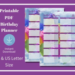 Planer urodzin, śledzenie ważnych dat okazji, przypomnienie o wydarzeniu, plik PDF do wydrukowania, format dokumentu A4 i US Letter, wielokolorowy wzór balonu