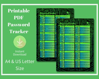 Wachtwoordtracker, organisator van persoonlijke website en e-mailadres, afdrukbare PDF, A4- en US Letter-formaat, direct downloaden, matrixgegevensontwerp.