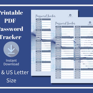 Può includere: Un tracker di password stampabile in formato PDF. Il tracker ha uno schema di colori blu e bianco con uno schema geometrico sullo sfondo. Il testo "Password Tracker" è stampato nella parte superiore della pagina. Il tracker è disponibile nei formati A4 e US Letter.