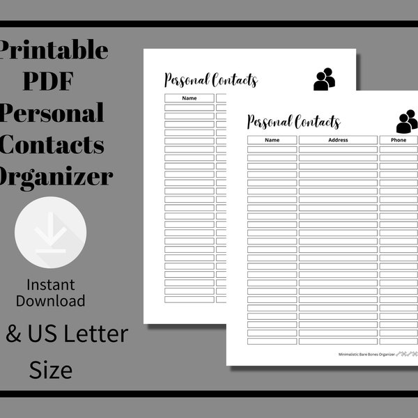 Personal Contacts Organizer, Name, Address and Phone Number Contact Page, Printable PDF, A4&US Letter Size, Minimalistic Bare Bones Design.