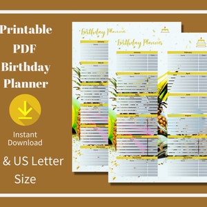 Planer urodzin, śledzenie ważnych dat okazji, przypomnienie o wydarzeniu, plik PDF do wydrukowania, format A4 i US Letter, projekt tła kapeluszy imprezowych w ananasy