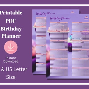 Planer urodzin, śledzenie ważnych dat okazji, przypomnienie o wydarzeniu, możliwość wydruku w formacie PDF, format A4 i US Letter, projekt tła babeczki.