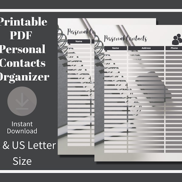 Personal Contacts Organizer, Name, Address and Phone Number Contact Page, Printable PDF, A4&US Letter Size, Instant Download, Unique Design.