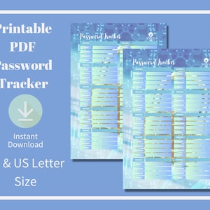 May include: Printable password tracker in PDF format. The design features a blue and green color scheme with a digital pattern. The text "Password Tracker" is printed on the page.