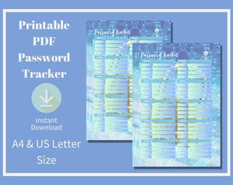 Wachtwoordtracker, persoonlijke website, organisator van e-mailadressen, afdrukbare PDF, A4- en US Letter-formaat, direct downloaden, gegevens- en slotontwerp.