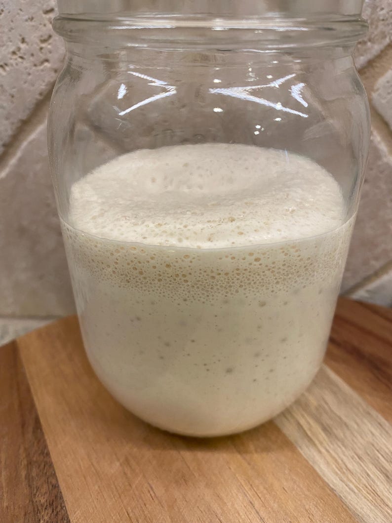 Puede incluir: Un tarro de vidrio lleno de masa madre de pan de masa madre blanca y burbujeante. La masa madre est&aacute; en proceso de fermentaci&oacute;n y tiene una textura espumosa.