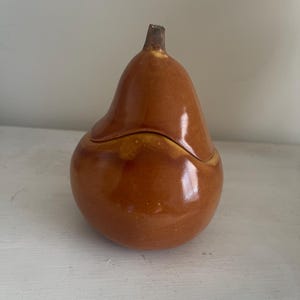 May include: A ceramic pear-shaped container with a lid. The container is a glossy, warm brown color with a darker brown stem. The lid fits snugly, creating a seamless pear form. A decorative kitchen item.