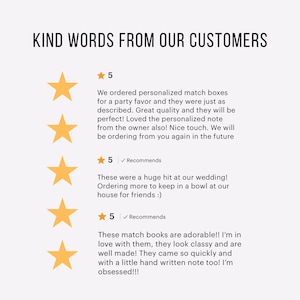 May include: A graphic with the text "KIND WORDS FROM OUR CUSTOMERS" and customer reviews. The reviews are accompanied by gold star ratings, with comments about personalized match boxes and wedding favors.