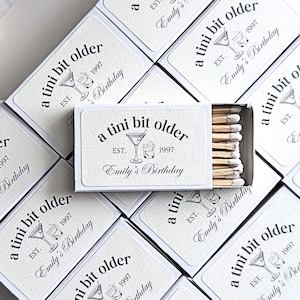 Personalized Matches for 30th Birthday Party Favor Ideas for Dirty Thirty Martini Theme A Tini Bit Older Hand Drawn Whimiscal Social Club