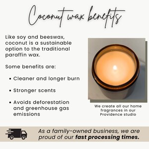 May include: An image with text about coconut wax benefits. A lit candle in a brown glass container is shown. The text highlights cleaner and longer burn, stronger scents, and avoiding deforestation and emissions. The text also states the home fragrances are created in the Providence studio.