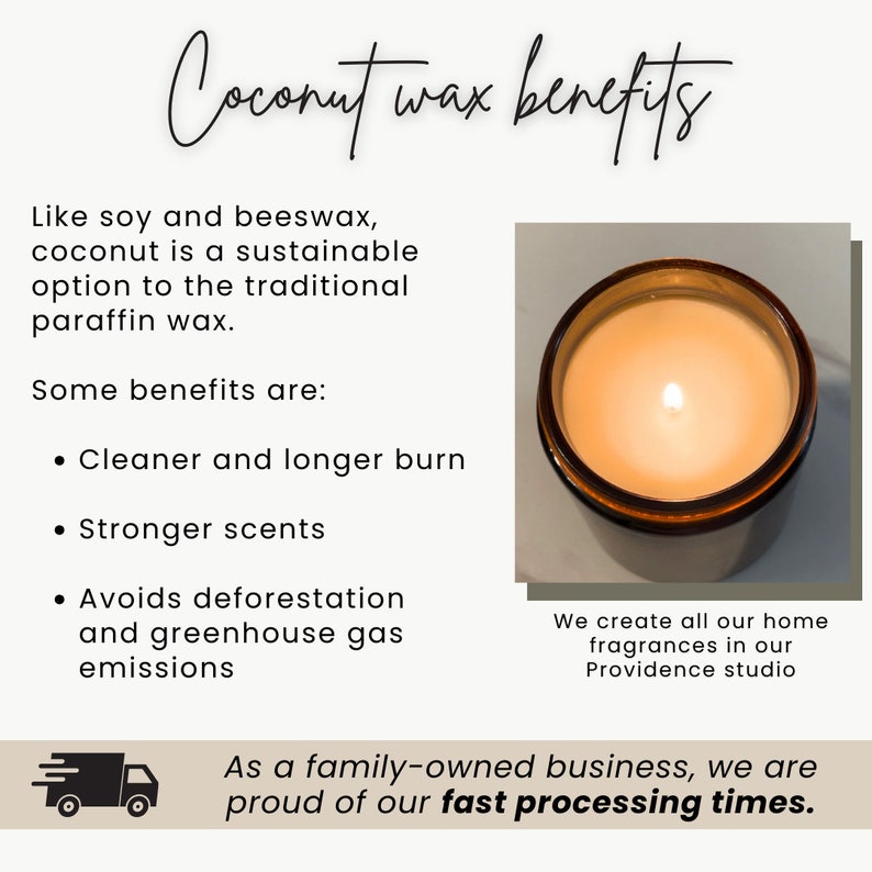 May include: An image with text about coconut wax benefits. A lit candle in a brown glass container is shown. The text highlights cleaner and longer burn, stronger scents, and avoiding deforestation and emissions. The text also states the home fragrances are created in the Providence studio.