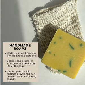May include: A handmade yellow soap bar with green specks rests on a natural cotton soap pouch. The image includes text that reads "HANDMADE SOAPS" and describes the soap as made using cold process with no added detergents.