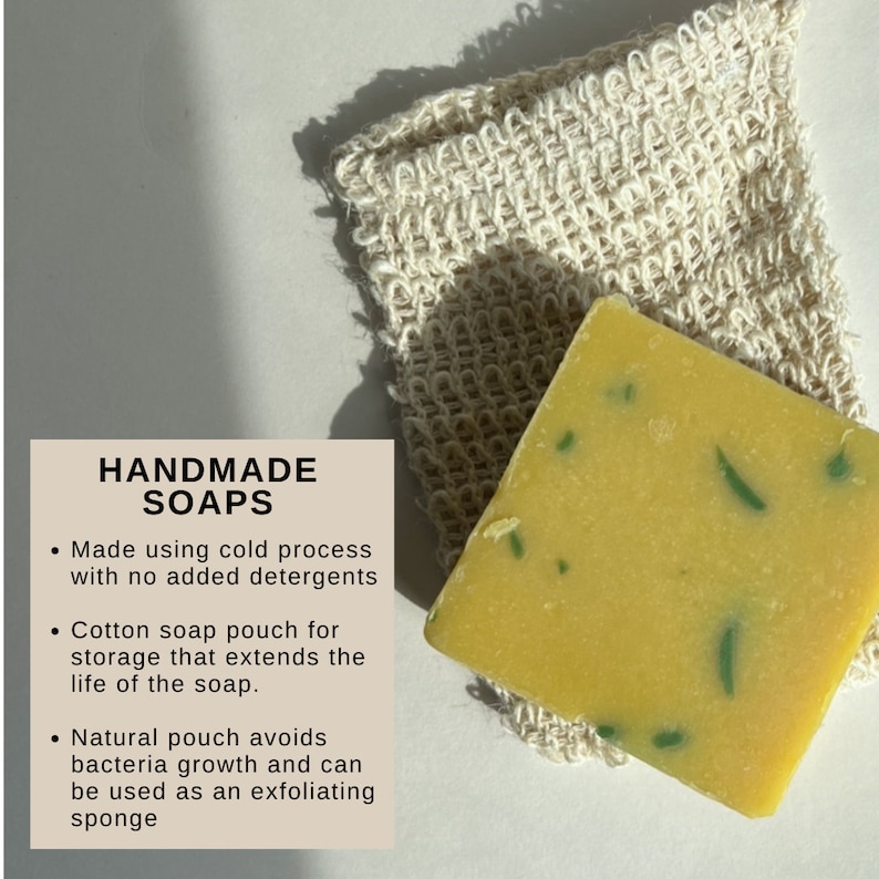 May include: A handmade yellow soap bar with green specks rests on a natural cotton soap pouch. The image includes text that reads "HANDMADE SOAPS" and describes the soap as made using cold process with no added detergents.