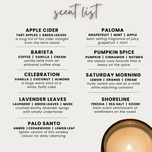 May include: A scent list with text in a handwritten style. The list includes scent descriptions such as Apple Cider, Barista, Celebration, Lavender Leaves, Palo Santo, Paloma, Pumpkin Spice, Saturday Morning, and Shoreline. A lit candle is visible at the bottom.