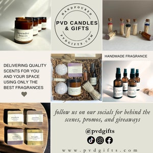 May include: An assortment of handmade candles, bath products, and fragrances. The image includes candles in amber jars, bath bombs, soap bars, and spray bottles. The text reads "PVD CANDLES & GIFTS" and "DELIVERING QUALITY SCENTS FOR YOU AND YOUR SPACE USING ONLY THE BEST FRAGRANCES."