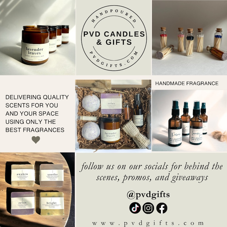 May include: An assortment of handmade candles, bath products, and fragrances. The image includes candles in amber jars, bath bombs, soap bars, and spray bottles. The text reads "PVD CANDLES & GIFTS" and "DELIVERING QUALITY SCENTS FOR YOU AND YOUR SPACE USING ONLY THE BEST FRAGRANCES."