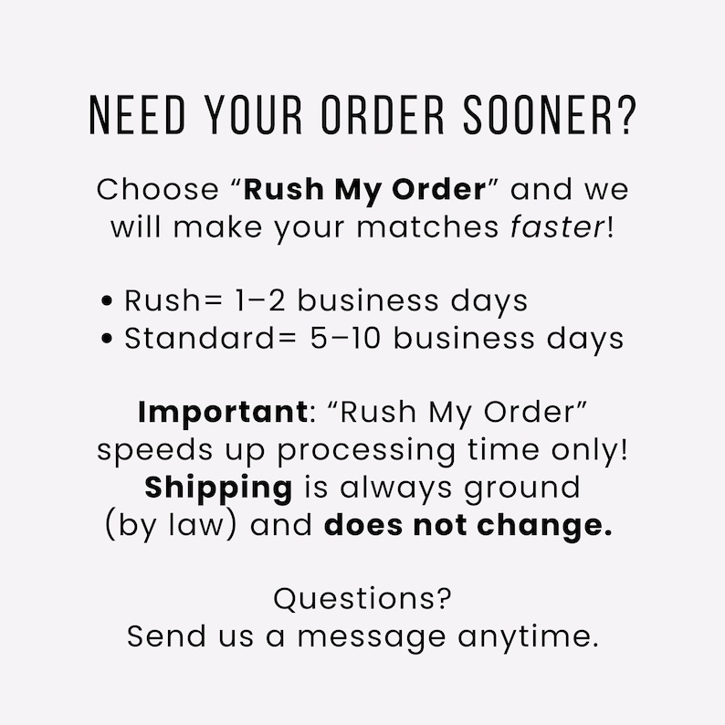 May include: White text on a light background reads "NEED YOUR ORDER SOONER?" followed by information about expedited order processing. Details include "Rush= 1-2 business days" and "Standard = 5-10 business days."