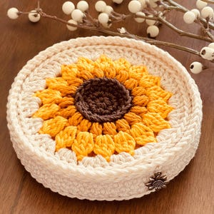 CROCHET PATTERN:  Golden Sunflower Crochet Coaster & Holder INTERMEDIATE Project Level