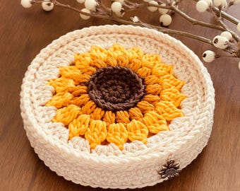 CROCHET PATTERN:  Golden Sunflower Crochet Coaster & Holder INTERMEDIATE Project Level