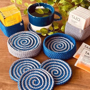 CROCHET PATTERN:  Eternal Bliss Spiral Crochet Coaster & Holder INTERMEDIATE Project Level, and Extra Mini-Teabag Caddy Pattern