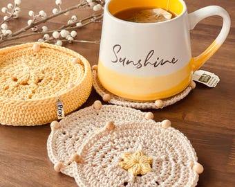 PATRÓN DE CROCHET: Posavasos y soporte de ganchillo con diseño de flores silvestres. Nivel de proyecto INTERMEDIO.