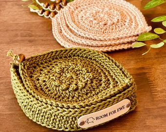 PATRÓN DE GANCHILLO: Posavasos y soporte de ganchillo con hojas de laurel dulce, nivel de proyecto INTERMEDIO y patrón adicional para mini-tarro de té.