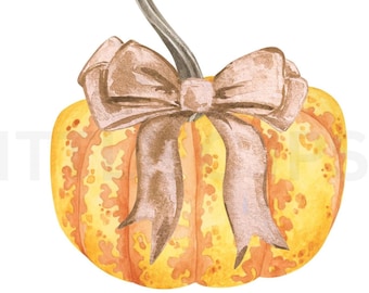 Zucca arancione acquerello con fiocco PNG digitale