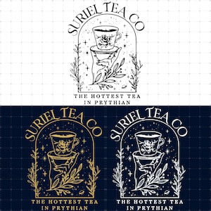 May include: A black and white Suriel Tea Co. logo. It features a teacup with a rose design, held by a hand, with the text "THE HOTTEST TEA IN PRYTHIAN" below. The design is framed by an arch and botanical elements.