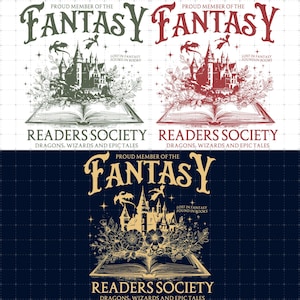 May include: An illustration with the word "FANTASY" above an open book with a castle, dragons, and floral elements. The text "READERS SOCIETY" and "DRAGONS, WIZARDS AND EPIC TALES" are also present. The image has a fantasy theme.