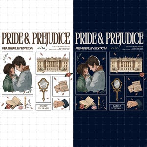 Puede incluir: Un diseño temático de Orgullo y Prejuicio con un fondo blanco y azul marino. El diseño presenta ilustraciones de una pareja, un edificio, un espejo, una carta y un libro. Se muestra el texto "Pride & Prejudice" y "Pemberley Edition".