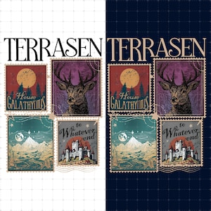 Op de afbeelding: Een collage van postzegelontwerpen met het woord "TERRASEN" bovenaan. De postzegels bevatten illustraties van een hert, een berglandschap en een kasteel, met tekst als "House Galathynius" en "to Whatever end."