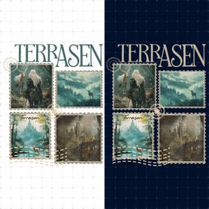 Op de afbeelding: Een collage met het woord "TERRASEN" in een gestileerd lettertype, en vier postzegelachtige afbeeldingen. De afbeeldingen tonen fantasie scènes met figuren, herten en kastelen, in tinten blauw, groen en bruin. De achtergrond is gesplitst, met wit links en donkerblauw rechts.
