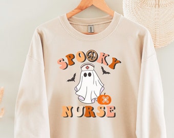 Retro Spooky Nurse Sweatshirt, Halloween Ghost Nurse Design