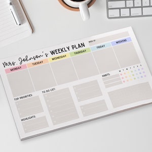 Puede incluir: Un planificador semanal con un fondo beige claro y encabezados coloridos para cada día de la semana. El planificador incluye secciones para las principales prioridades, la lista de tareas, los aspectos más destacados y los hábitos. El texto "Mrs. Johnson's Weekly Plan" está en la parte superior del planificador.