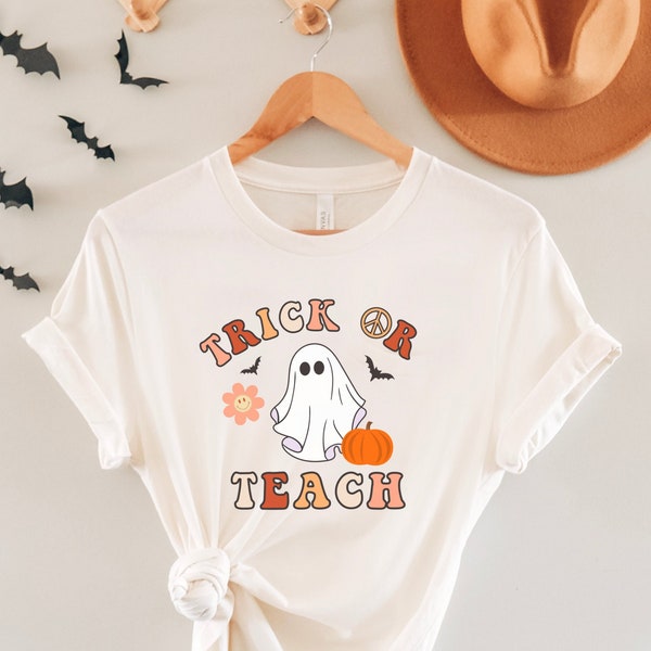 Halloween Teacher T Shirt, Retro Ghost Halloween T-Shirt Trick or Teach Shirt, Halloween Gift, Teacher T Shirt, Funny Gift for Teacher