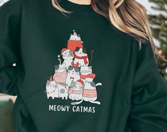 Meowy Catmas Sweatshirt: Funny Cat Christmas Tree Crewneck