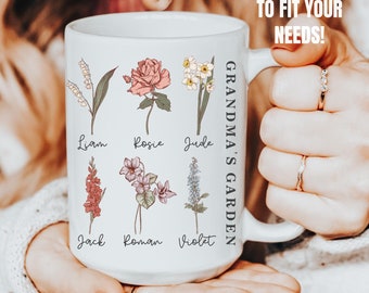 May include: White ceramic mug with a floral design and the text "Grandma's Garden". The flowers are labeled with names like "Liam", "Rosie", "Jude", "Jack", "Roman", and "Violet".