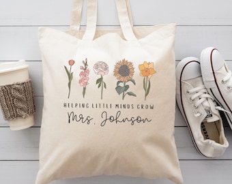 Personalized Floral Teacher Tote Bag, Custom Canvas Gift